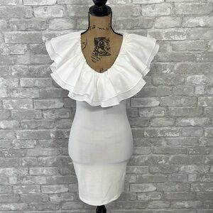 Hyfve White Ribbed Ruffle Bodycon Dress